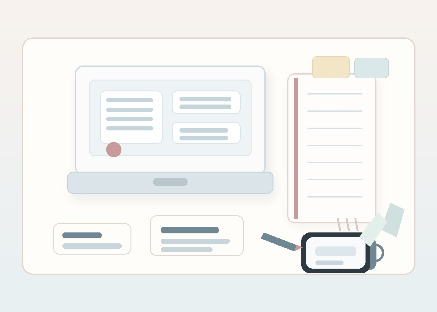 Illustration d’un bureau organisé avec ordinateur, carnet, téléphone et tasse
